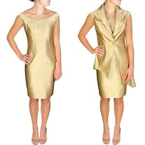 ELLA ZAHLAN GOLD OFF THE SHOULDER BATEAU NECK SLEEVELESS VEST SHEATH DRESS SET